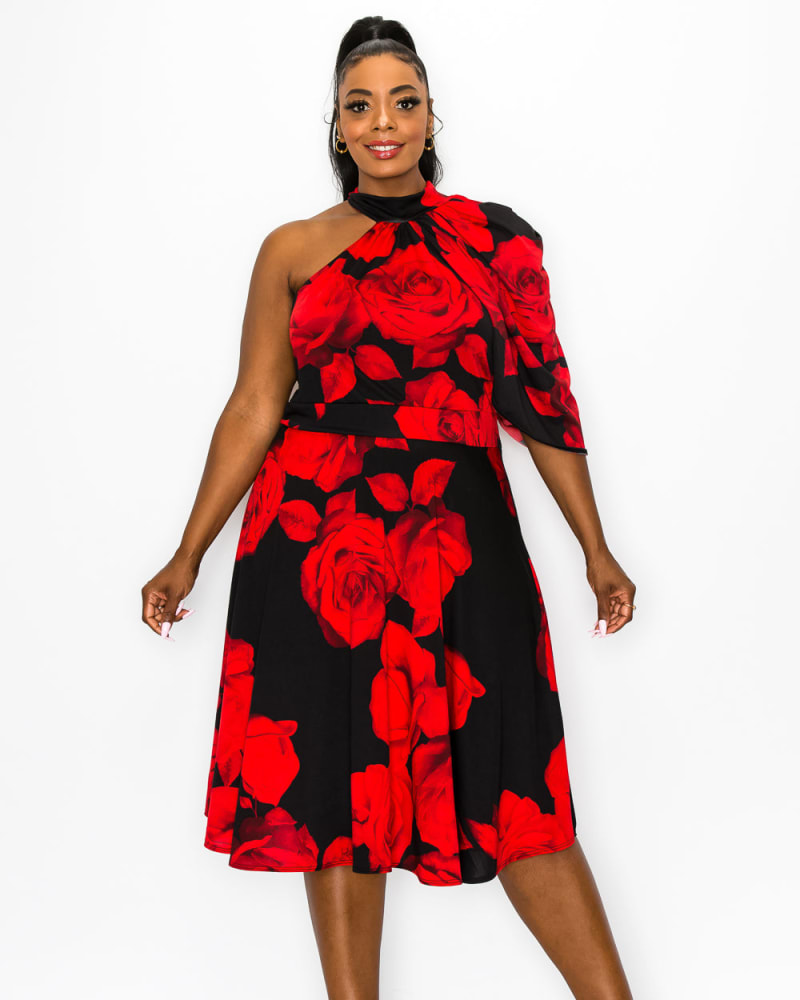 Front of a model wearing a size 1X Cavalli Floral Flare Dress in Black/Red by L I V D. | dia_product_style_image_id:241428